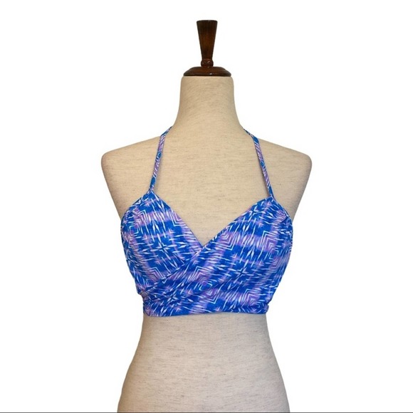 SUNDAZED Bikini Top Wrap Blue Purple Surplice Neck Underwire Removable Pads 36C - Picture 1 of 6